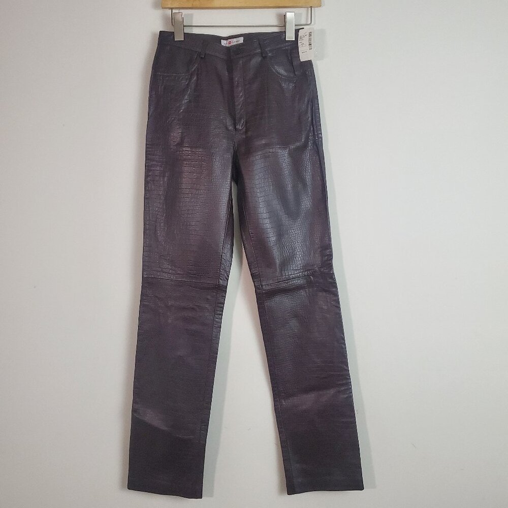 Saks Fifth Avenue Leather Pants 2 Brown Croc Embossed 90s Chic Edgy Grunge